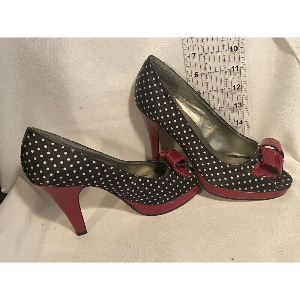 Madden Girl Kiarra‎ Womens Shoes Size 7.5 Black Red Polka Bow Peeptoe Stiletto - Picture 6 of 14